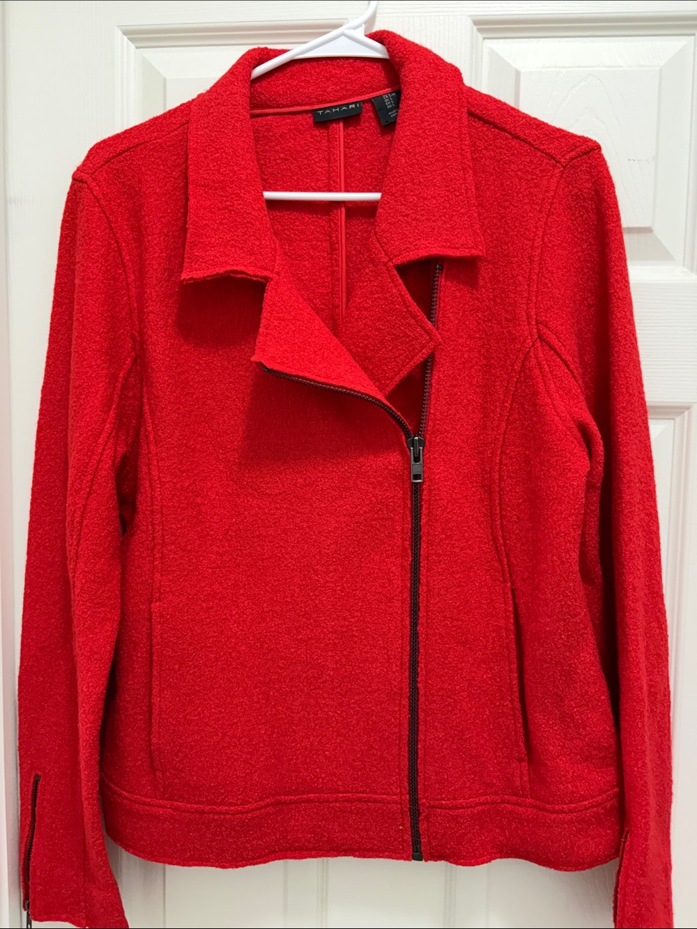 Tahari Vibrant Red Asymmetrical Zip Bomber Jacket